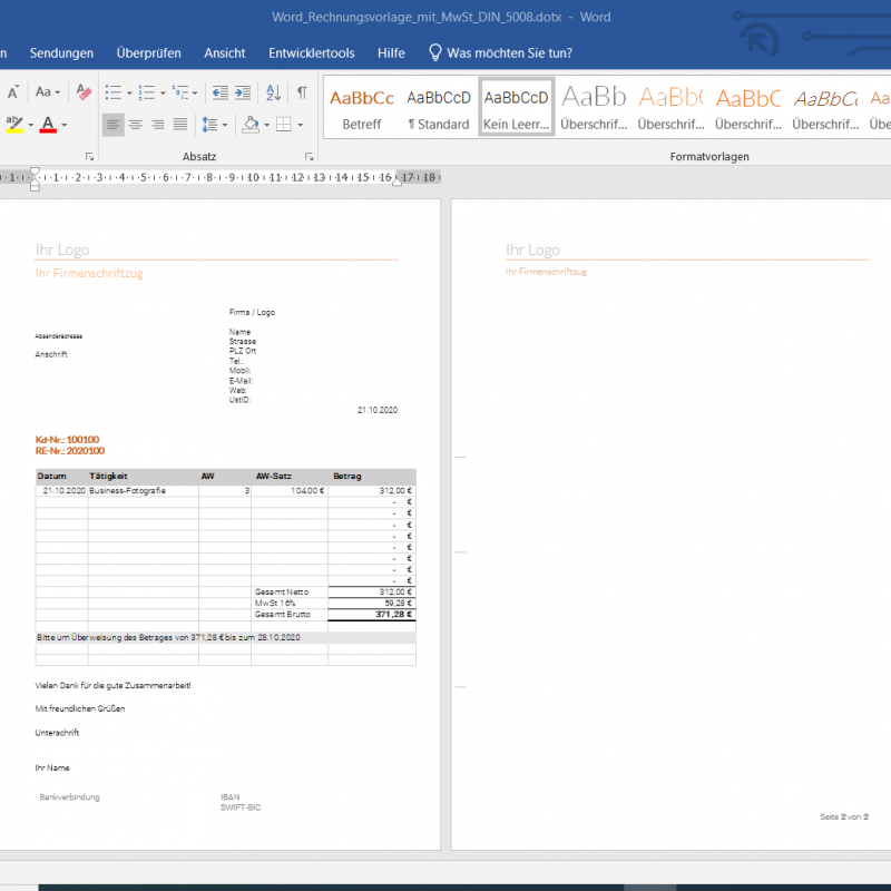 Word Rechnungsvorlage Design mit MwSt. und integrierter Excel Tabelle