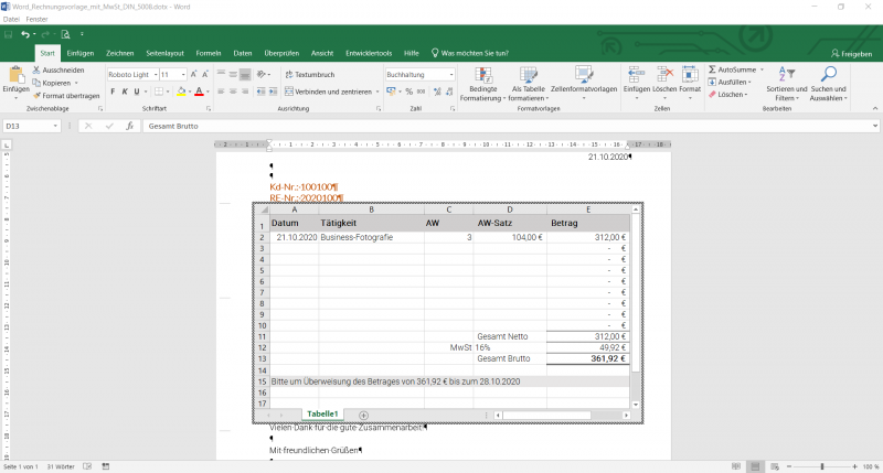 Word Rechnungsvorlage Excel mit MwSt