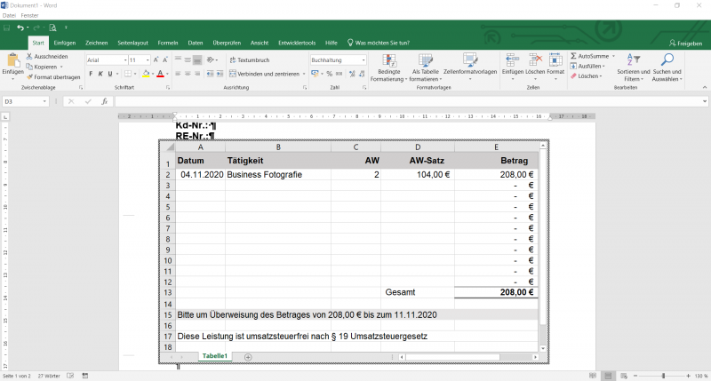 Excel Tabelle ohne MwSt