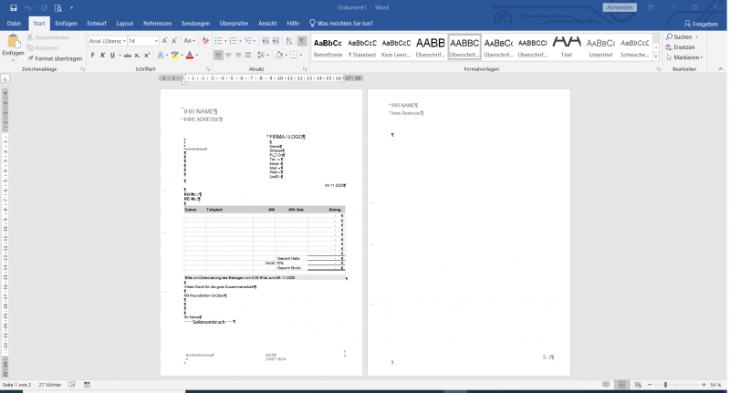 Word Rechnungsvorlage Arial mit MwSt. und integrierter Excel