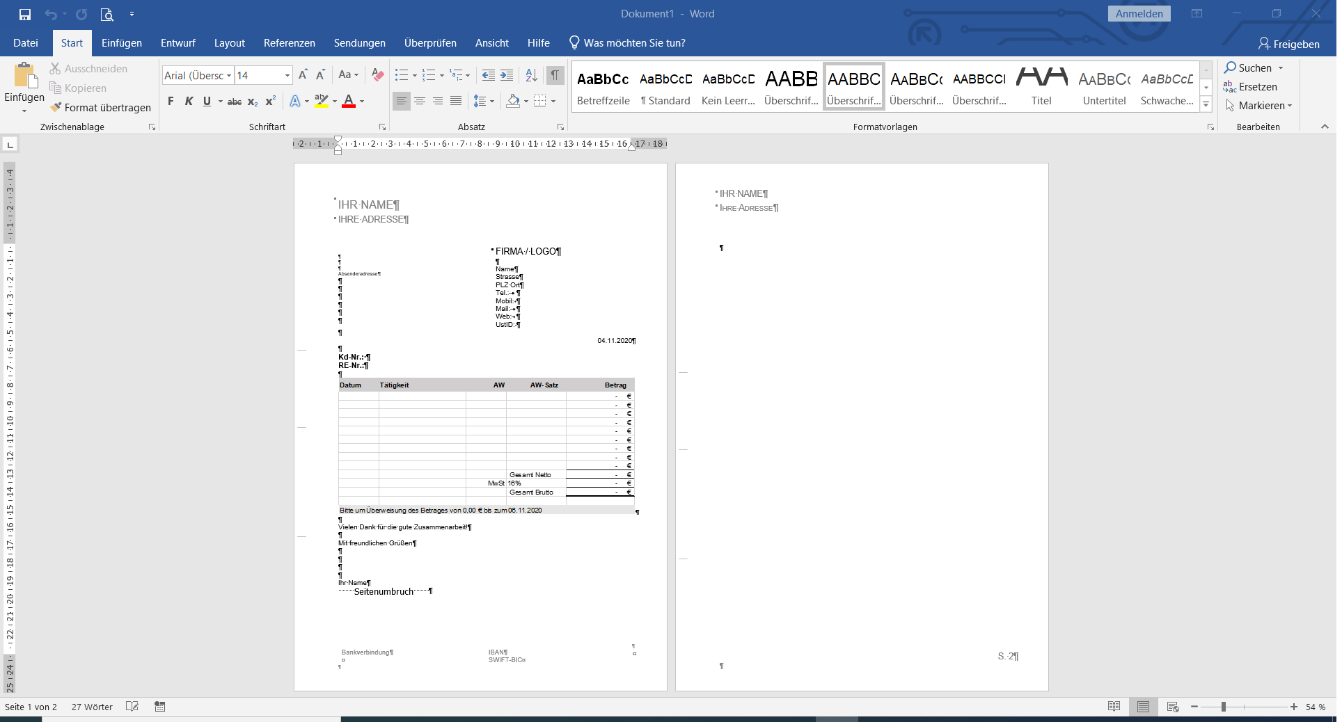 Word Rechnungsvorlage Arial mit MwSt. und integrierter Excel