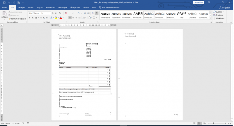 Word Rechnungsvorlage Design ohne MwSt. und integrierter Excel Tabelle