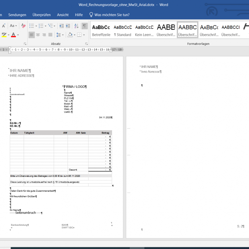 Word Rechnungsvorlage Design ohne MwSt. und integrierter Excel Tabelle